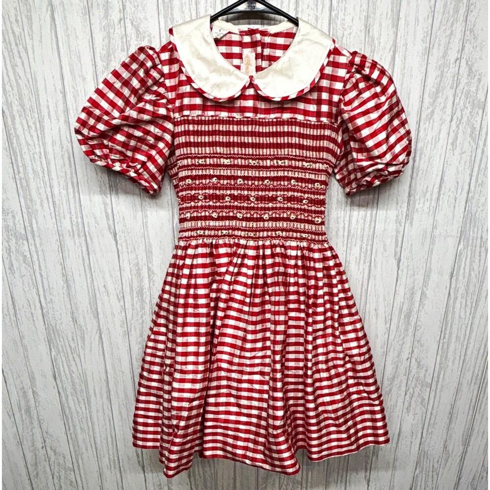Anavini Girls Red/White Gingham Smocked Puff Sleeve Collared Dress Size 8